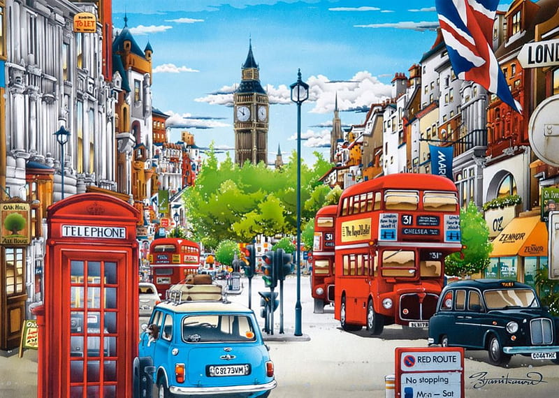 London Traffic, houses, cellphone, artwork, flag, bus, carros, painting, big ben, street, vintage, HD wallpaper