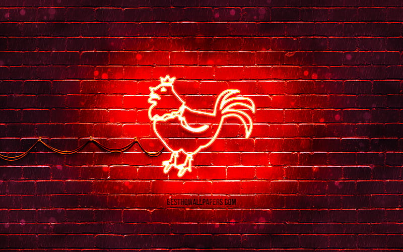 Rooster neon sign chinese zodiac, red brickwall, Rooster zodiac, animals signs, Chinese calendar, creative, Rooster zodiac sign, Chinese Zodiac Signs, Rooster, HD wallpaper