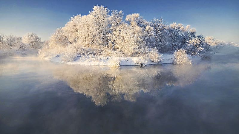 Island on the Lake, winter, water, snow, reflections, ice, HD wallpaper