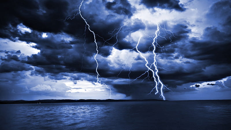massive lightning hitting a seacoast, lightning, clouds, night, seacoast, HD wallpaper
