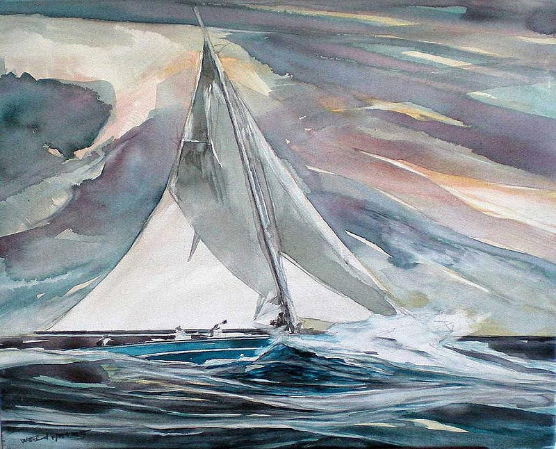 Bond Lazy Sloop, painting, sails, sloop, ocean, HD wallpaper