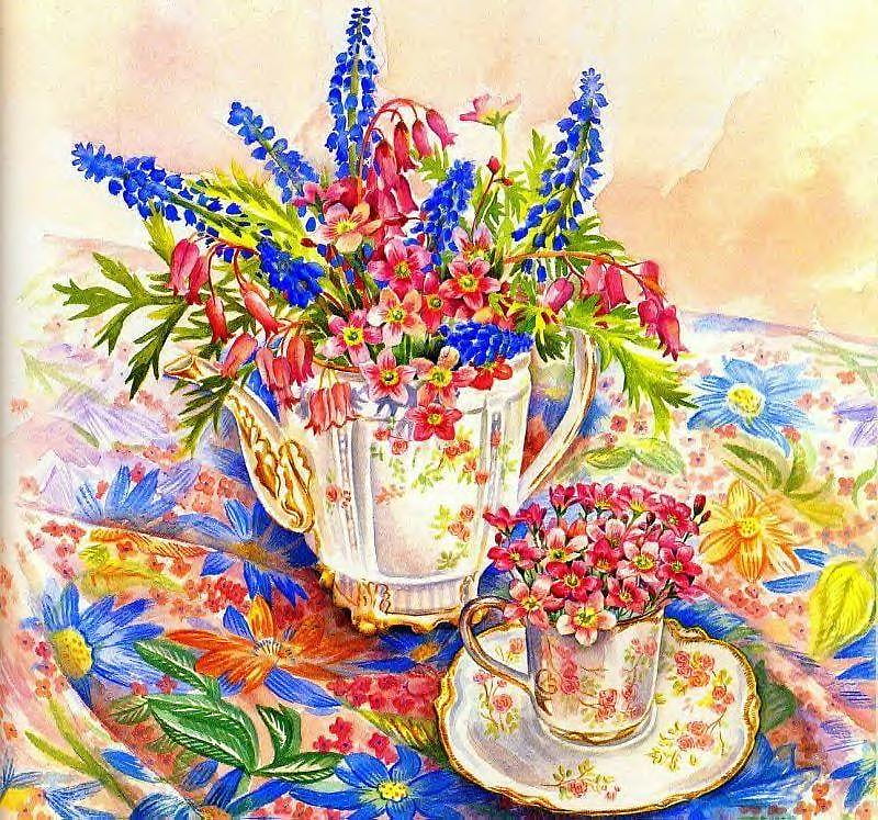 garnishment of flowers, table, teapot, saucer, flowers, colors, cup, HD wallpaper