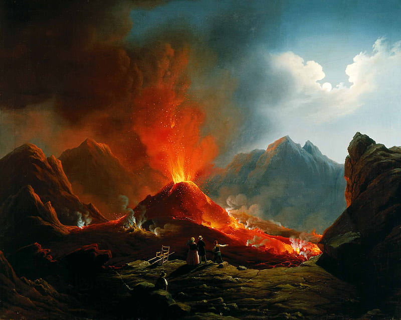 Erupting furnace, hills, red, rocks, valcano, debris, lava, sparks, fire, mountain, people, smoke, HD wallpaper