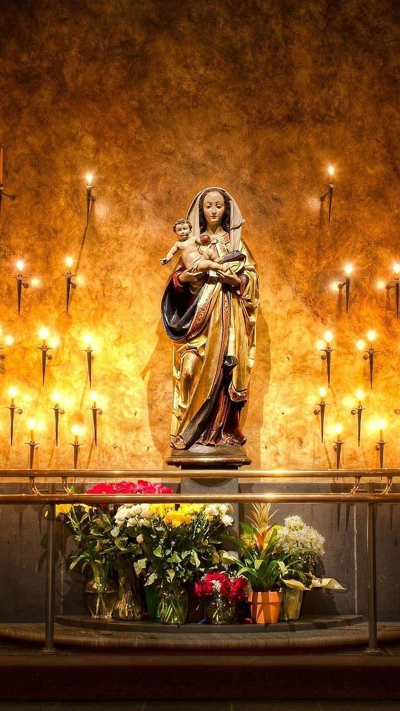 Mother Mary With Lights, mother mary , lights, god, baby jesus, flowers, HD phone wallpaper