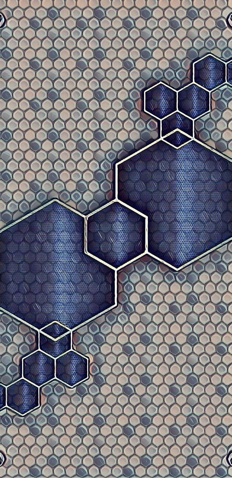 Hex Scale 17, abstract, blue, gray, hexagon, honeycomb, metallic, pattern, silver, HD phone wallpaper