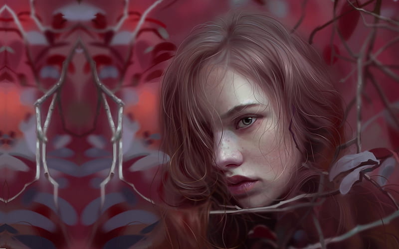 Autumn girl, red, autumn, redhead, leaf, fantasy, girl, face, portrait, pink, huy ozuno, HD wallpaper