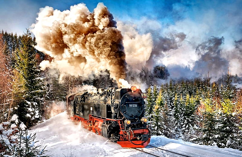Steam Train F, railroad, art, locomotive, bonito, illustration, artwork, winter, train, snow, engine, painting, wide screen, tracks, HD wallpaper