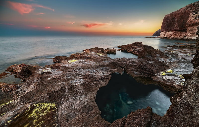 Rocky Seacoast at Twilight, Sea, Sky, Oceans, Twilight, Rocks, Sunsets, Nature, HD wallpaper