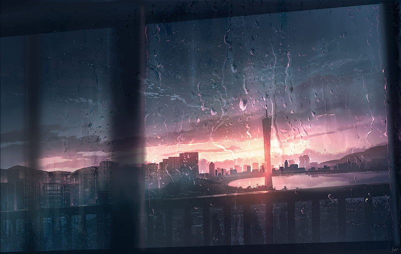 Paisaje de anime, puesta de sol, lloviendo, paisaje urbano, puesta de sol,  edificios, Fondo de pantalla HD | Peakpx
