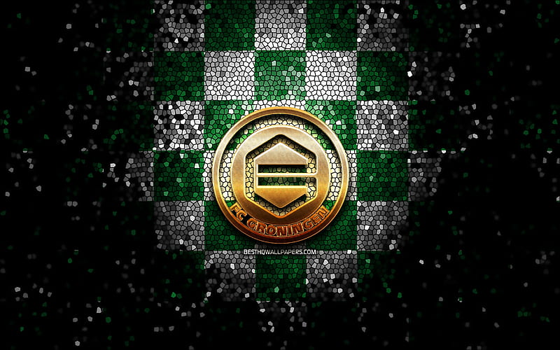 FC Groningen, glitter logo, Eredivisie, green white checkered background, soccer, Dutch football club, FC Groningen logo, mosaic art, football, Groningen FC, HD wallpaper