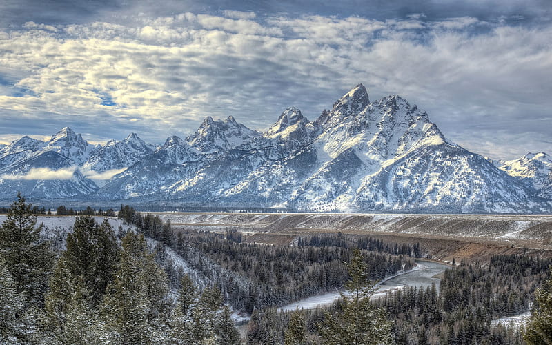 mountain landscape, winter, snow, forest, mountain river, USA, Snake River, Grand Teton National Park, Rocky Mountains, HD wallpaper