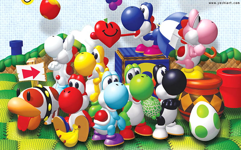 Yoshi's Story, apple, red, poochy, black, yellow, green, light blue, yoshi, white, pink, blue, HD wallpaper