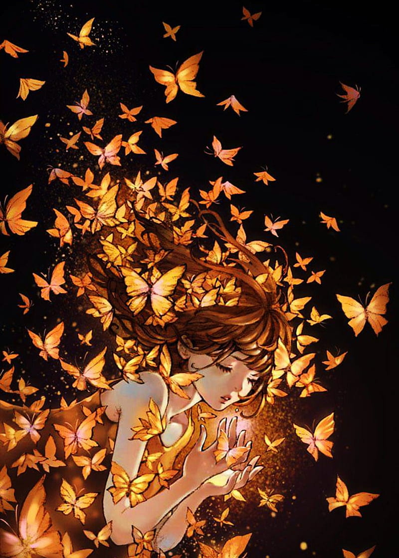 Butterflies, anime, butterflies, butterfly, girl, glowing, orange, HD phone  wallpaper | Peakpx