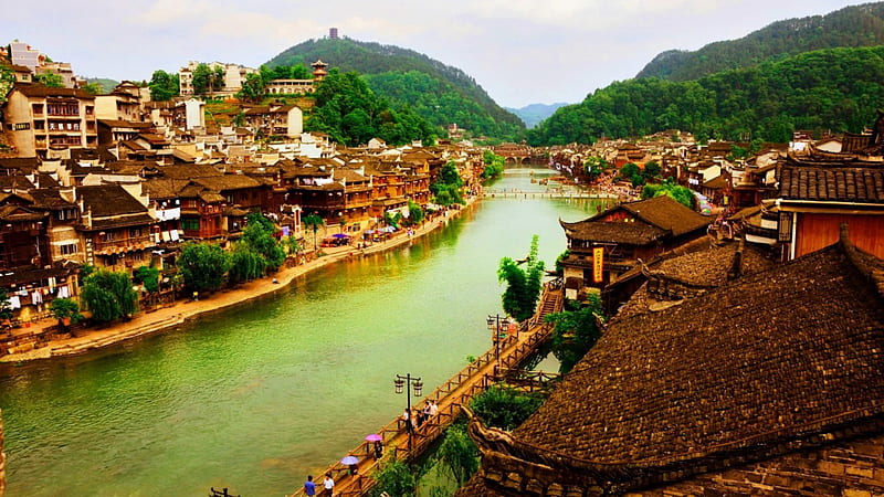 river in the ancient town of fenghuang china, ancient, mountains, bridges, town, river, HD wallpaper