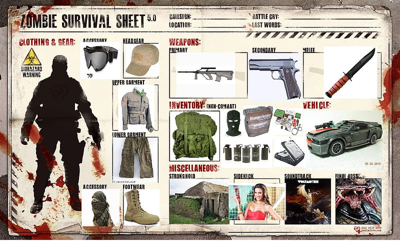 Zombie Survival Sheet, survive, house, gear, sidekick, clothing, knife, zombie, gun, stronghold, weapon, HD wallpaper