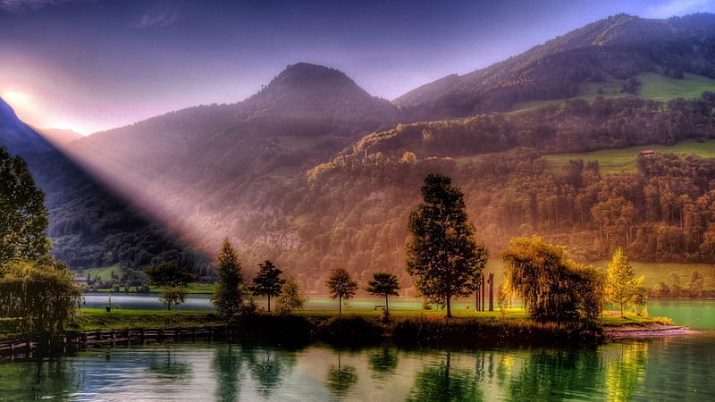 ..Among Lakes & Mountains.., colorful, silent, scenic, wonderful, splendid, among, bonito, graphy, beauty, scenery, miracle, sunbeam, amazing, R, lakes, view, colors, shadow, creative pre-made, trees, cool, mountains, rays of light, sunshine, nature, earth, reflections, HD wallpaper