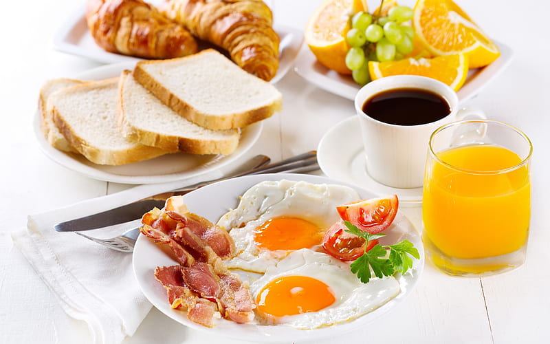 Food, Coffee, Cup, Fruit, Egg, Bread, Breakfast, Croissant, Juice, Bacon, HD wallpaper