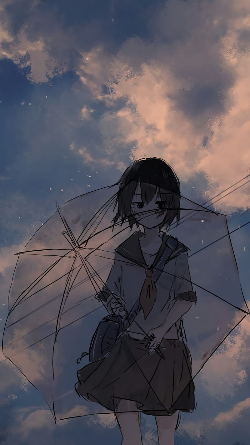 anime girls, long hair, anime, sky, umbrella, HD phone wallpaper