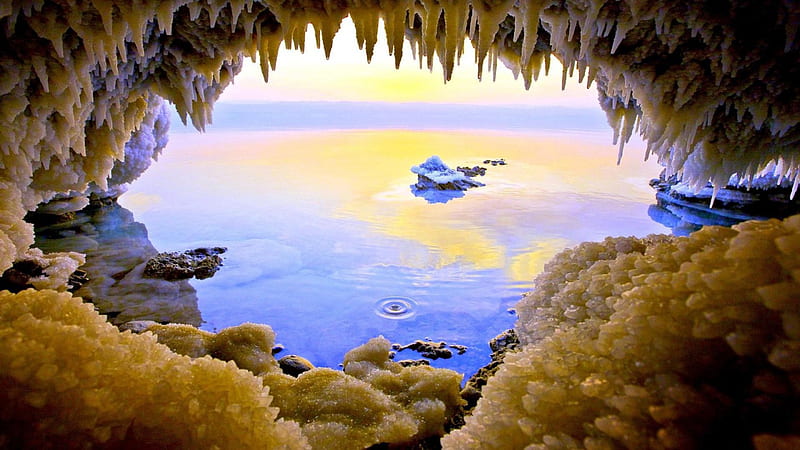 a salt cave in the dead sea, drips, salt, sea, cave, HD wallpaper