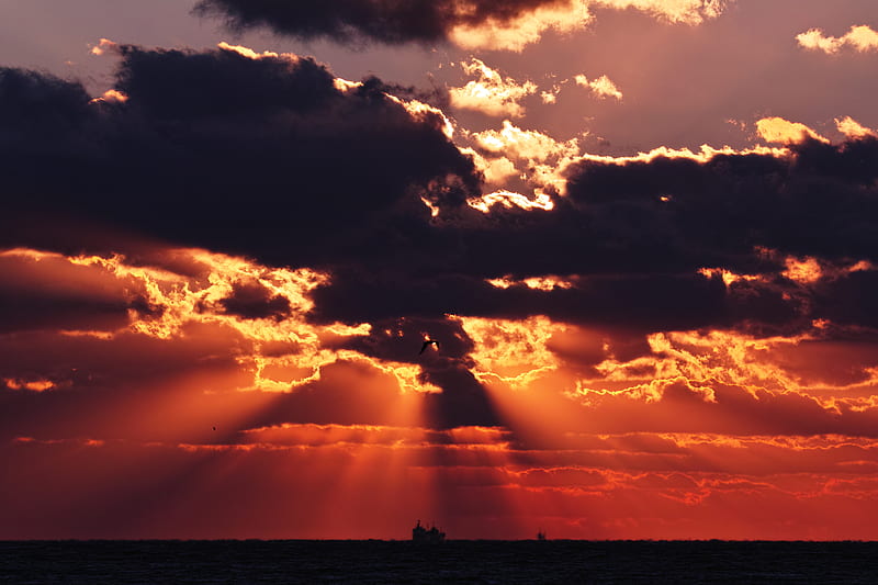 sunset, sea, clouds, dark, dusk, HD wallpaper