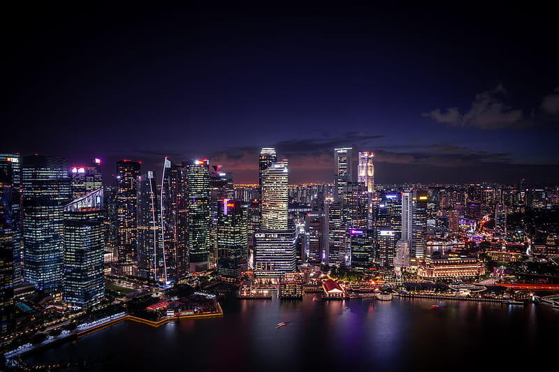 night city, coast, aerial view, buildings, lights, singapore, HD wallpaper