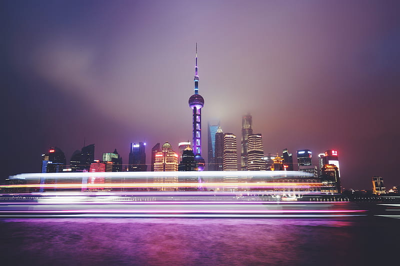 cityscape, architecture, lights, night, long exposure, metropolis, shanghai, HD wallpaper