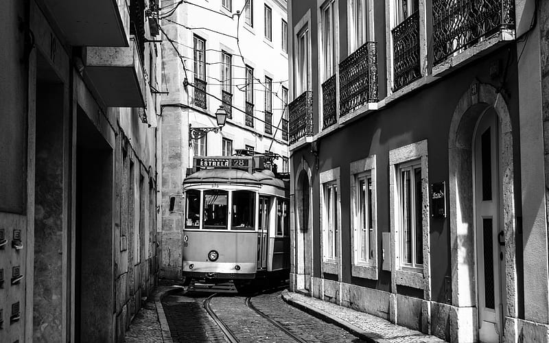 lisbon, tram, narrow street, portugal, HD wallpaper