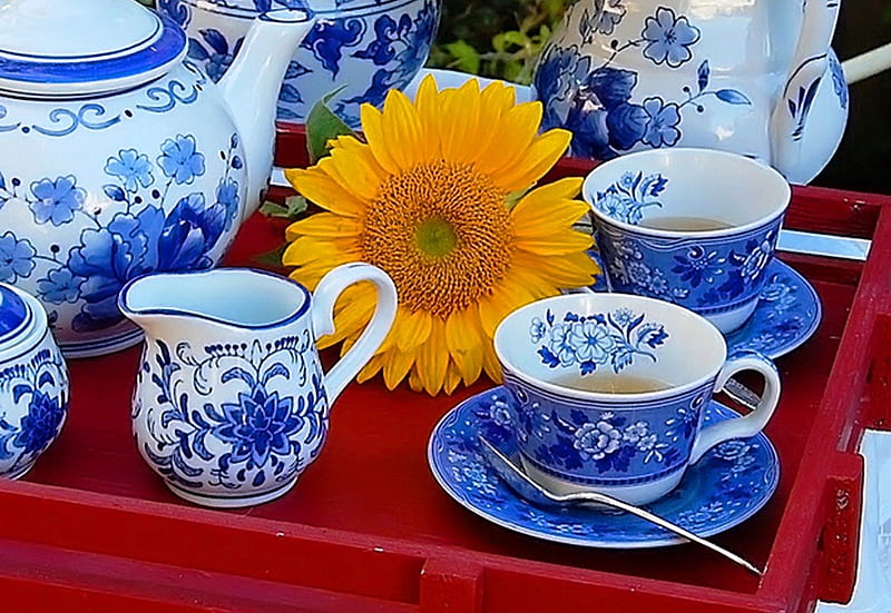 Tea time, time, yellow, sunflower, abstract, tea, sugar bowl, two, flower, kettle, cups, blue, porcelain, HD wallpaper