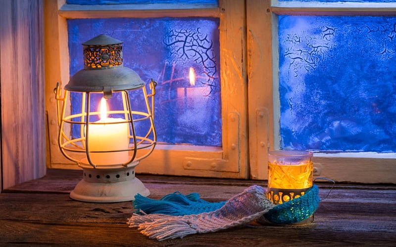 Winter evening, candle, cozy, lantern, window, christmas, home, bonito, winter, flame, snow, evening, light, frost, HD wallpaper