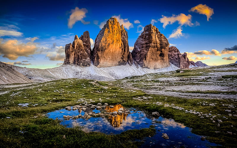The Tre Cime di Lavaredo, south tyrol, reflections, italy, pond, clouds, sky, HD wallpaper
