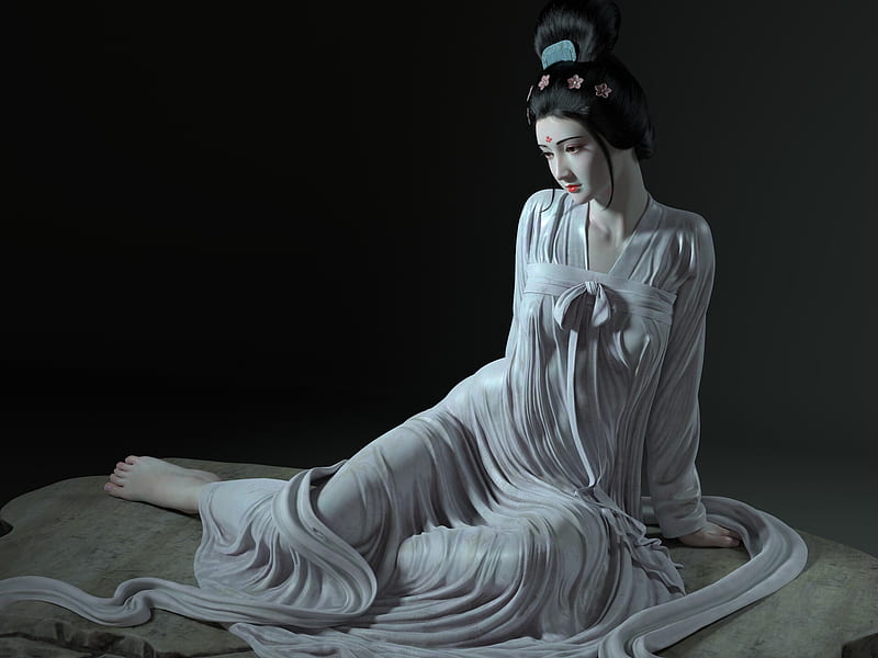 Gui Fei, white, qi sheng luo, fantasy, girl, asian, black, HD wallpaper