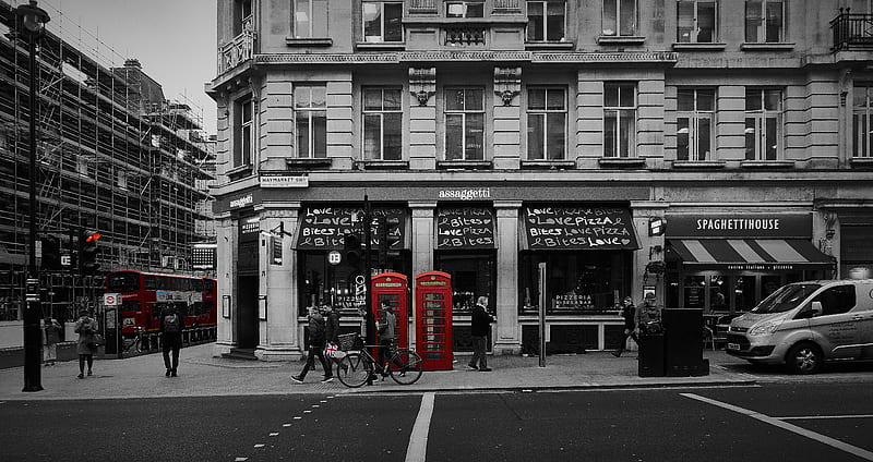 London phonebox, be, black and white, colour splash, london, phonebox, red, union jack, HD wallpaper