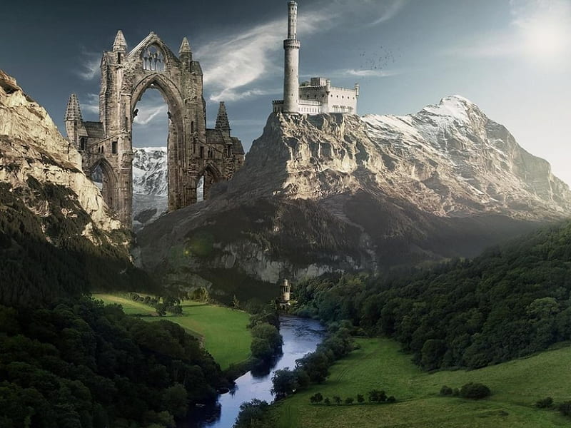 Once upon a time there was a kingdom ..., art, sky, valley, castles, fantasy, stone, mountains, tales, land, river, kingdom, stone gate, HD wallpaper