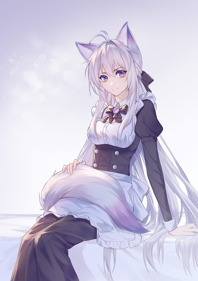 Girl, fox, ears, maid, anime, art, purple, HD phone wallpaper | Peakpx