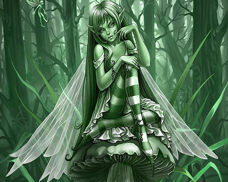 Green Fairy And Nymph, stockings, green, woods, mushroom, nymph, white, fairy, HD wallpaper