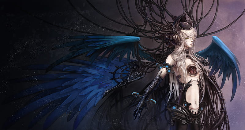 Mechanical Parts, original, feather wings, gloves, elbow gloves, hot, cyber, mecha man, sherytan, wings, male, anime male, bodysuit, androgynous, android, wires, parts, armor, cool, HD wallpaper