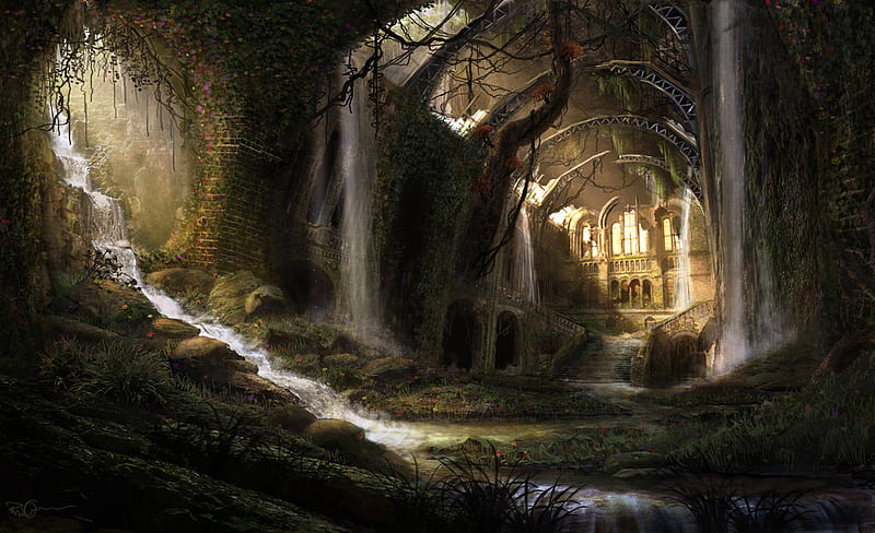 RUINS OF THE LIBRARY, sun filtering through, debris, gothic, beauty destroyed, ruins, dust, HD wallpaper