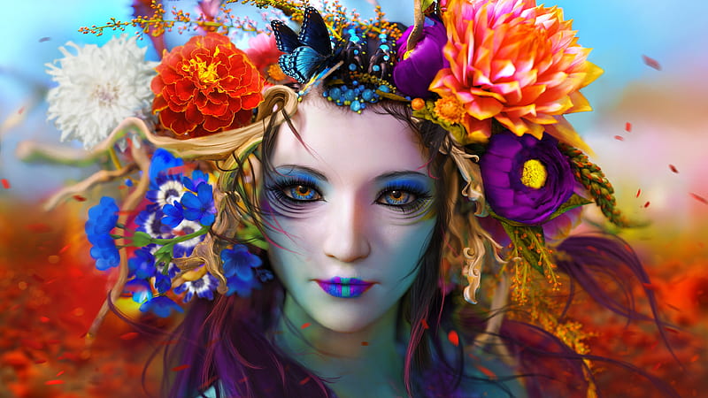 Flower Power, colorful, girl, wind, beauty, flowers, bright, butterflies, HD wallpaper