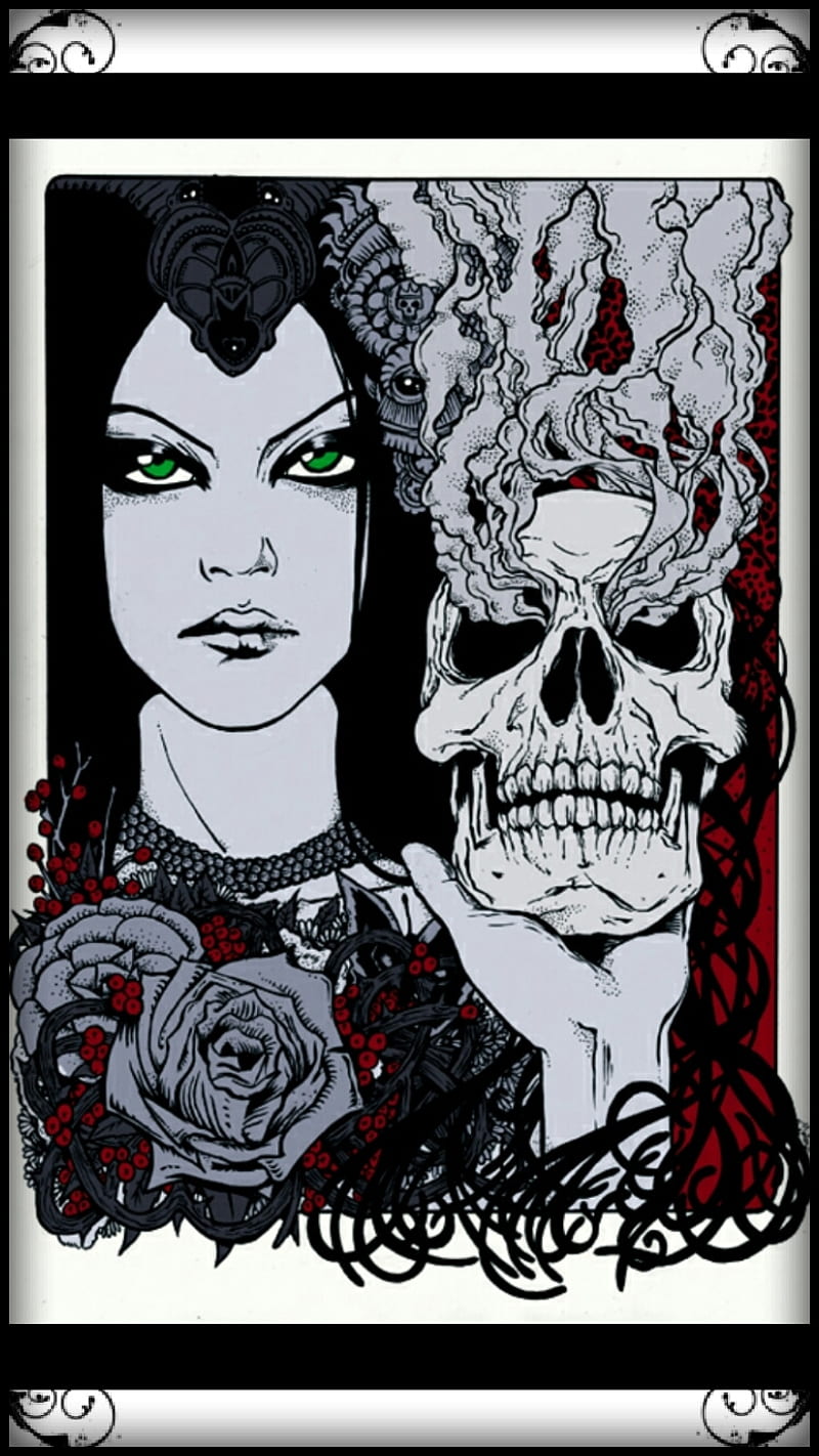 I Put a Spell on You, black and white, magick, occult, red, roses, skull, skulls, witch, witchcraft, HD phone wallpaper