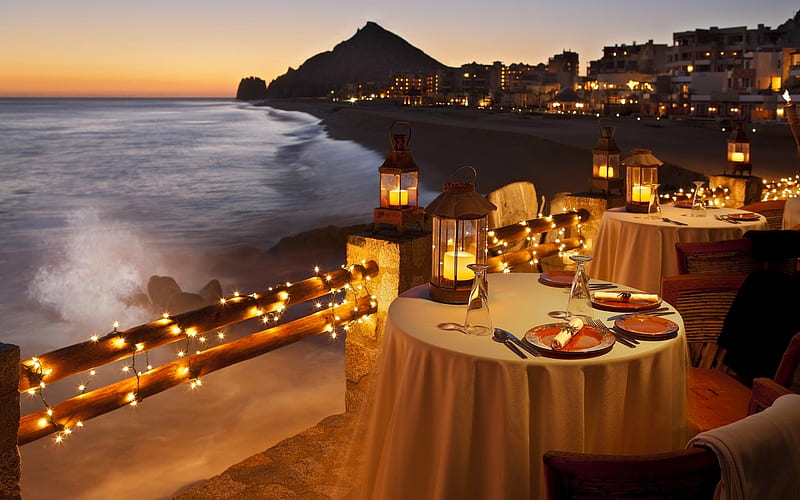 MALIBU DINING, malibu, tables, dining, ocean, lights, scene, HD wallpaper