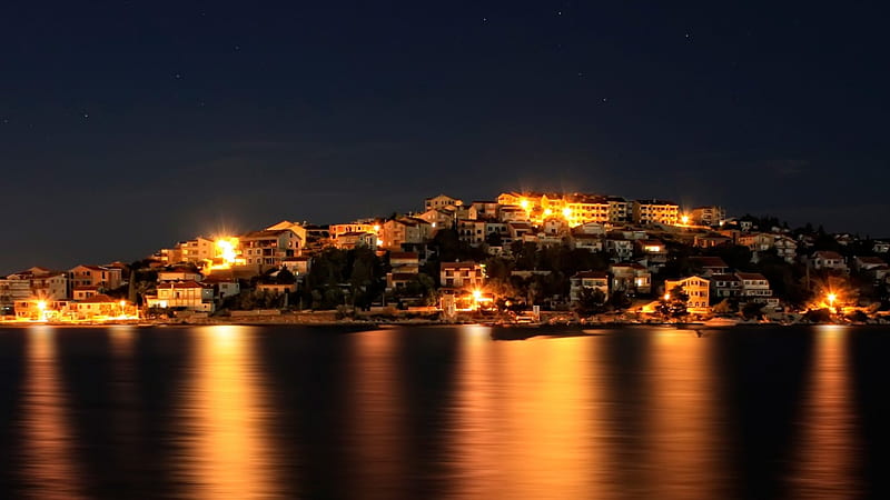 fantastic coastal village at night, stars, village, hill, coast, lights, sea, night, HD wallpaper