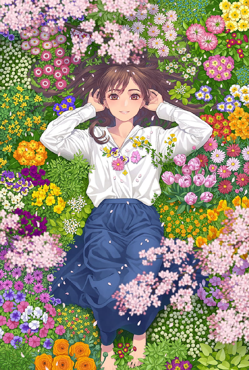 anime, anime girls, flowers, plants, colorful, HD phone wallpaper