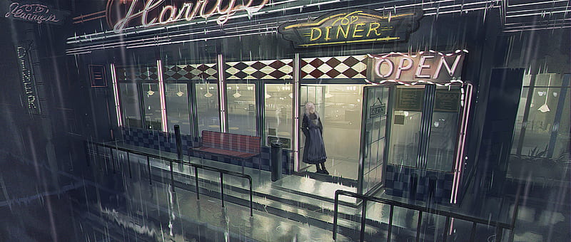 anime girl, raining, mood, night, dining restaurant, waitress, Anime, HD wallpaper