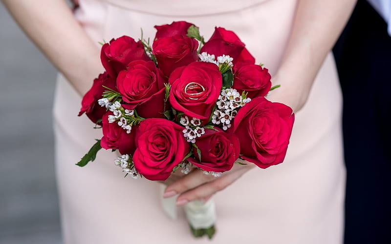 bride, wedding bouquet, red roses, wedding rings, roses, wedding, red flowers, HD wallpaper