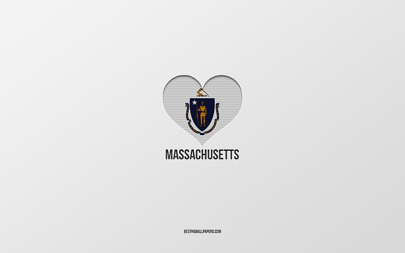 I Love Massachusetts, American States, gray background, Massachusetts State, USA, Massachusetts flag heart, favorite States, Love Massachusetts, HD wallpaper