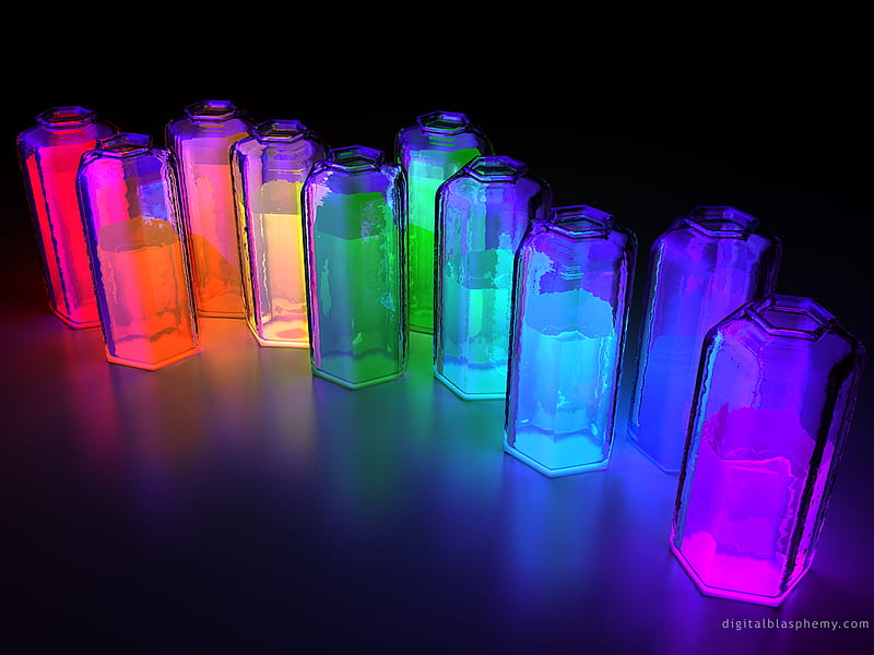 Dispersion, glass, colorful, 3d, syrup, neon, color, bottles, HD wallpaper