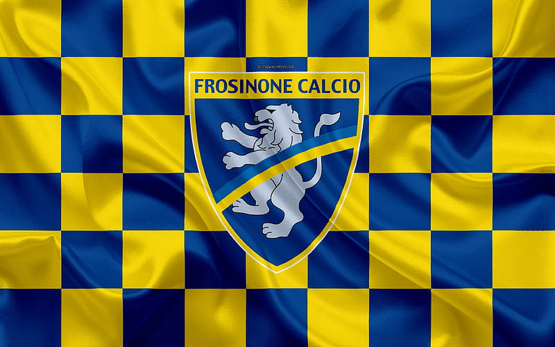 Frosinone FC logo, creative art, yellow blue checkered flag, Italian football club, emblem, silk texture, Serie A, Frosinone, Italy, Frosinone Calcio, HD wallpaper