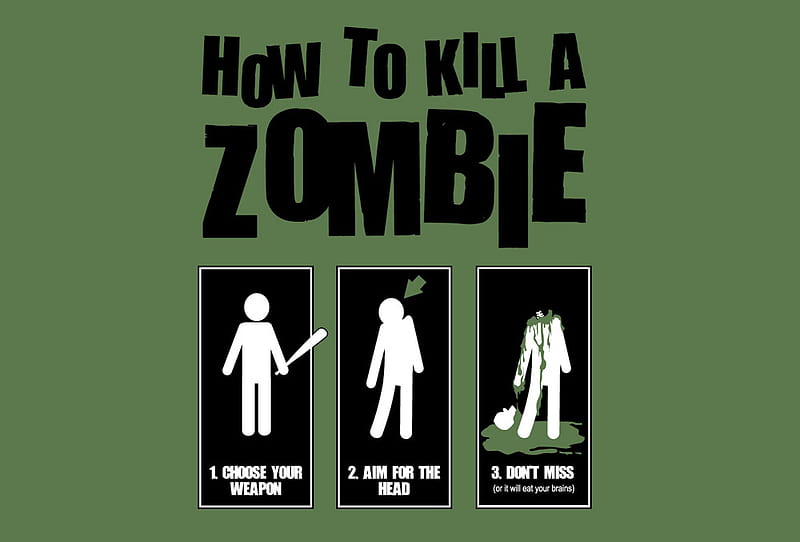 How To Kill Zombies, infected, dead, warning, instructions, head, sign, shoot, zombie, green, funny, vector, HD wallpaper
