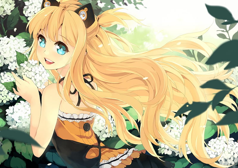 Anime Vocaloid Dress Blonde Hair Cat Ears Happy Cute Leaves Seeu Catman78 Hd Wallpaper