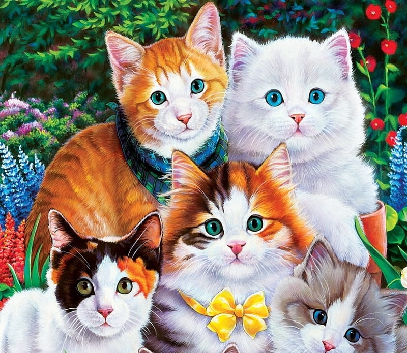 Kittens, art, painting, jenny newland, pictura, kitten, cat, pisici, HD wallpaper